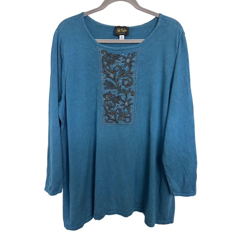 Bob Mackie Wearable Art Beaded Embroidered Teal Sweater 3X